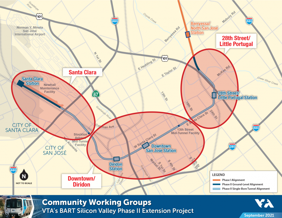 Map of VTA's BART Phase II alignment with red ovals around 28th Street/Little Portugal, Downtown & Diridon, and Santa Clara Stations, which are the Community Working Group areas 