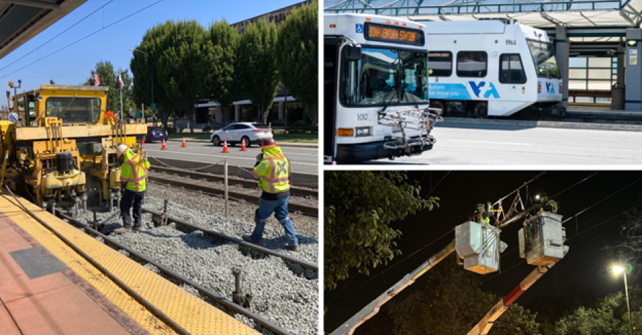 pictures of construction and light rail train and staff in cherry picker