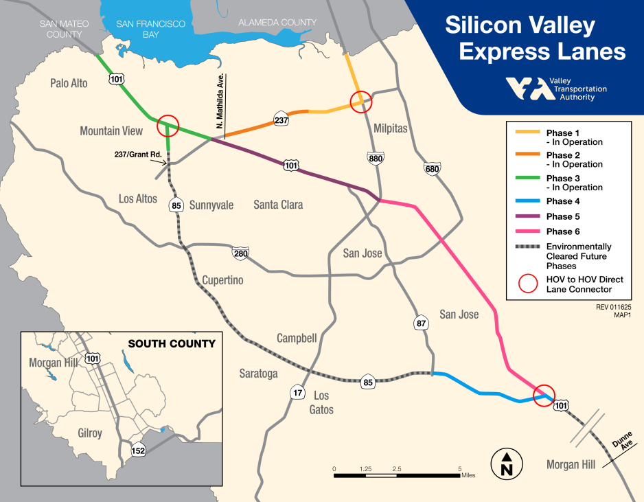 Map of Silicon Valley Express Lanes as of January 2025