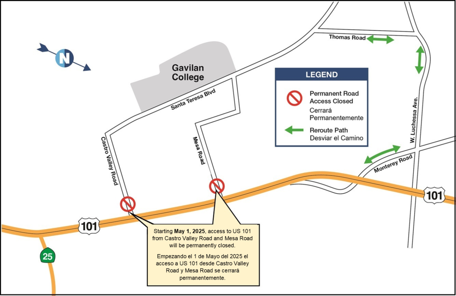 Beginning Thursday, May 1, 2025, at 7:00 p.m., access to US 101 from Castro Valley Road and Mesa Road will be permanently closed. Beginning Thursday, May 1, 2025, at 7:00 p.m., access to US 101 from Castro Valley Road and Mesa Road will be permanently closed.