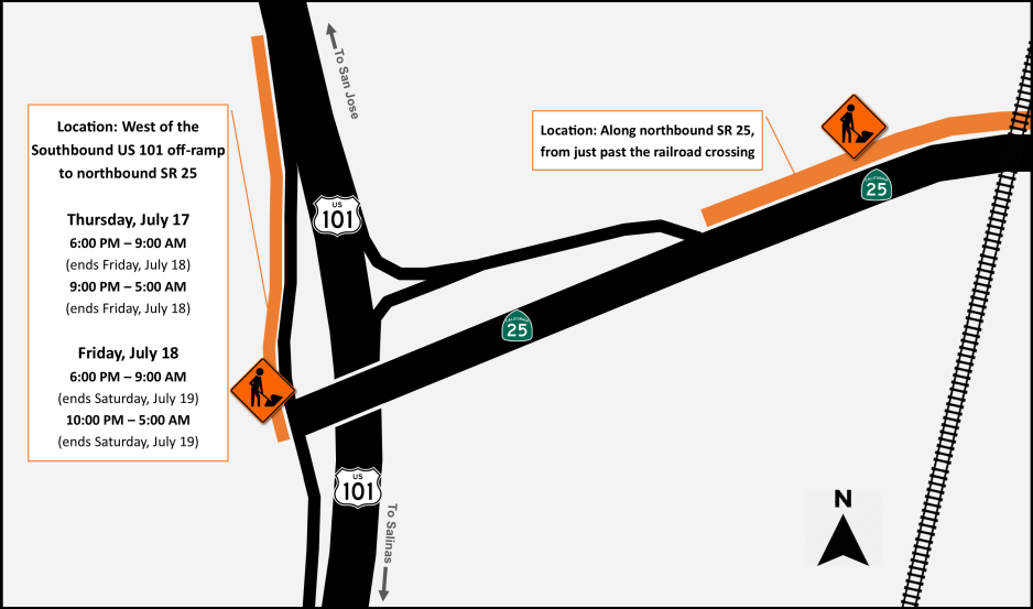 Traffic advisory Notice Map (US 101/SR 25) 7/2025